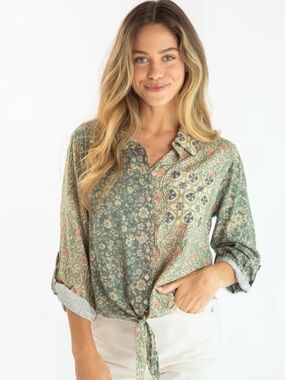 Lola Tie Button Down - Sage Bloom